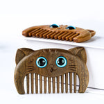Buddha Stones Simple Cat Pattern Green Sandalwood Cure Portable Comb