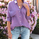 Zeagoo Solid Color V Neck Long Sleeve Button Down Blouse with Pockets