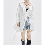 Large Ruffled V-neck And Tie-up Loose Shirt