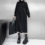 Mid-length High-neck Diagonal Zipper Loose Long Dress