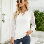 Zeagoo V Neck Tops Solid Color Blouse Long Sleeve Pullover Lace Patchwork Shirt