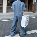 Vintage Denim Two-Piece Set Hand-Beaded Stand-Collar Short-Sleeve Jacket & Wide-Leg Trousers