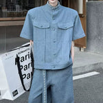 Vintage Denim Two-Piece Set Hand-Beaded Stand-Collar Short-Sleeve Jacket & Wide-Leg Trousers