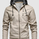 Men's Stand Collar Zipper Plush Hooded Leather Jacket