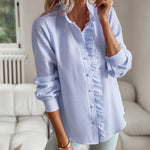Zeagoo Ruffle Trim Button Front Shirt Regular Fit Long Sleeve Work Blouse