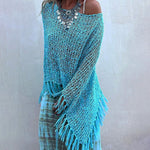 Zeagoo Women's Dolman Sleeve Fringe Knit Sweater Pullover Cape Shawl Blouse