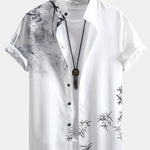 Traditional Oriental Ink Painting Print Stand Collar Shirt & Drawstring Swim Shorts