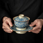 Buddha Stones Vintage Blue And White Porcelain Peach Blossom Lotus Peony Ceramic Gaiwan Sancai Teacup Kung Fu Tea Cup And Saucer With Lid