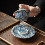 Buddha Stones Vintage Blue And White Porcelain Peach Blossom Lotus Peony Ceramic Gaiwan Sancai Teacup Kung Fu Tea Cup And Saucer With Lid
