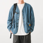 Japanese Retro Washed Denim Collarless Jacket