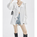 Large Ruffled V-neck And Tie-up Loose Shirt