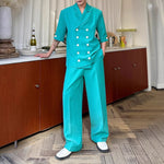 Double-breasted Three-quarter Sleeve Straight-leg Trousers Two-piece Suit