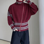 Contrast Striped Diagonal Zip-up Turtleneck Sweater