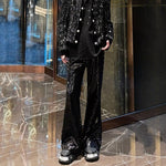 Heavy Sequined PU Metal Rivet Flared Pants