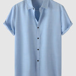 Men's solid color Cotton-linen button casual short-sleeved shirt