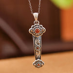 Buddha Stones 925 Sterling Silver Red Agate Cyan Jade Auspicious Clouds Ruyi Handle Blessing Necklace Pendant