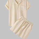 Men's solid color cotton-linen casual vacation short-sleeved shirt and shorts set