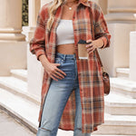 Zeagoo Plaid Longline Button-Up Shacket Lapel Neck Long Sleeve Shirt Pocket