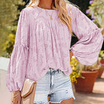 Zeagoo Long Bell Sleeve Blouses Crewneck Floral Lace Textured Babydoll Shirts Tops