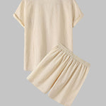 Men's solid color cotton-linen casual vacation short-sleeved shirt and shorts set