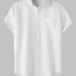 Men's Solid cotton casual lapel solid color short-sleeved shirt