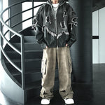Patchwork Leather Distressed Frayed Edge Denim Hooded Jacket