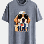 Beer Dog Print Washed Distressed Drop Shoulder T-Shirt