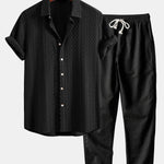 Geometry Rhombus Jacquard Button Up Shirt & Straight Leg Linen Pants