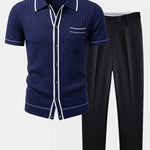 Contrast Trim Ribbed Knit Shirt & Slim Fit Tapered Trousers