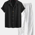 Floral Checkerboard Jacquard Cuban Shirt & Straight Leg Linen Pants