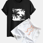Regular Fit Palm Trees Silhouette Print Cotton T-Shirt & Swim Shorts