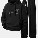 Line Dachshund Print Relax Fit Hoodie & Straight Leg Pleated Pintuck Sweatpants