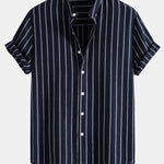 Cotton Blend Striped Stand Collar Shirt & Straight Leg Linen Pants