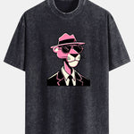 Pink Gentleman Panther Print Washed Distressed Drop Shoulder T-Shirt