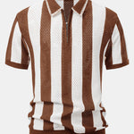 Striped Eyelet Knit Zip Up Polo Shirt
