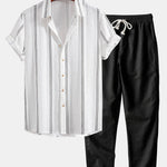 Geometric Striped Jacquard Button Up Shirt & Straight Leg Linen Pants