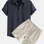 Cotton Blend Striped Button Up Shirt & Linen Drawstring Shorts