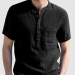 Men's cotton-linen Henley collar solid color short-sleeved shirt