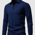 Men's Retro Solid Color V-Neck Lapel POLO Long Sleeve T-Shirt