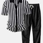 Drop Shoulder Stripe Crochet Shirt & Straight Leg Linen Pants