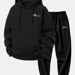 Men Print Drawstring Hoodie & Jogger Pants