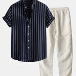 Cotton Blend Striped Stand Collar Shirt & Straight Leg Linen Pants