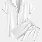 Muscle Fit Ribbed Deep Cuban Shirt & Drawstring Ribbed Shorts
