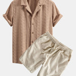 Floral Checkerboard Jacquard Cuban Shirt & Linen Cotton Blend Drawstring Shorts
