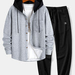 Contrast Waffle Hooded Shirt & Drawstring Waffle Jogger Pants