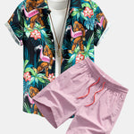 Tropical Flamingo Bigfoot Print Button Up Shirt & Swim Shorts