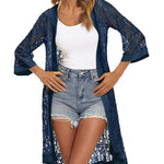 Zeagoo Women Lace Crochet Coverups Open Front Cardigan Sheer Cover Up 3/4 Sleeve Kimono (US Only)