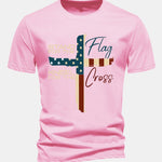 Regular Fit Retro American Flag Cross Print Cotton T-Shirt
