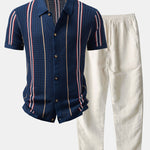 Stripe Crochet Button Up Shirt & Straight Leg Linen Pants