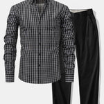 Long Sleeve Plaid Button Up Shirt & Elastic Waist Straight Leg Trousers